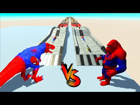 SPIDERMAN T-REX vs SPIDERMAN GORO RACE BATTLE COMPETITION  -Animal Revolt Battle Simulator