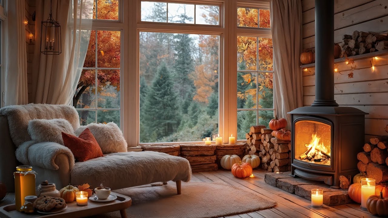 🔥🍁 Your Autumn Reading Nook | Cozy Fireplace, Falling Leaves & Relaxing Ambience 📚🍵✨