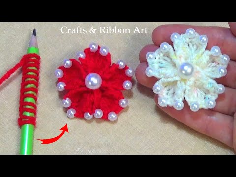 Easy Trick with Pencil - Amazing Woolen Flower Making Ideas - Hand Embroidery Flower Design