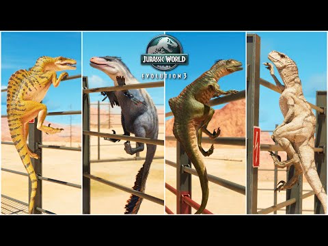ALL DINOSAURS FENCE CLIMBING ESCAPE AND ATTACK ANIMATIONS IN JURASSIC WORLD EVOLUTION 3