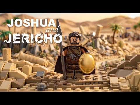 LEGO warrior stands in desert ruins, holding a spear and round shield.