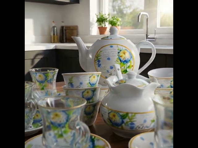 طقم بيالات شاي زجاج وفناجين قهوة سيراميك مع صحون اخضر 24 قطعة