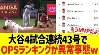 大谷翔平、４試合連続４３号ホームランでOPSランキングがまた異常事態にwwwww
