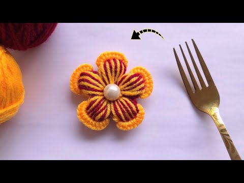 Super Easy Woolen Flower Making using Fork - Hand Embroidery Flower Making Trick - DIY Wool Craft