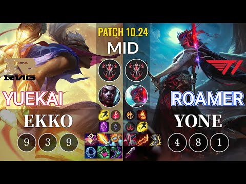 RNG yuekai Ekko vs T1 Roamer Yone Mid - KR Patch 10.24