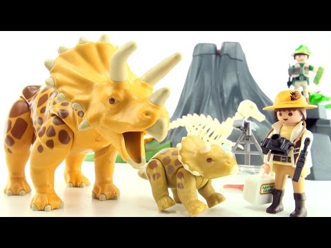 Playmobil Triceratops with Baby Volcano Island 4170 - Dinosaur toys for kids - Volcano toys