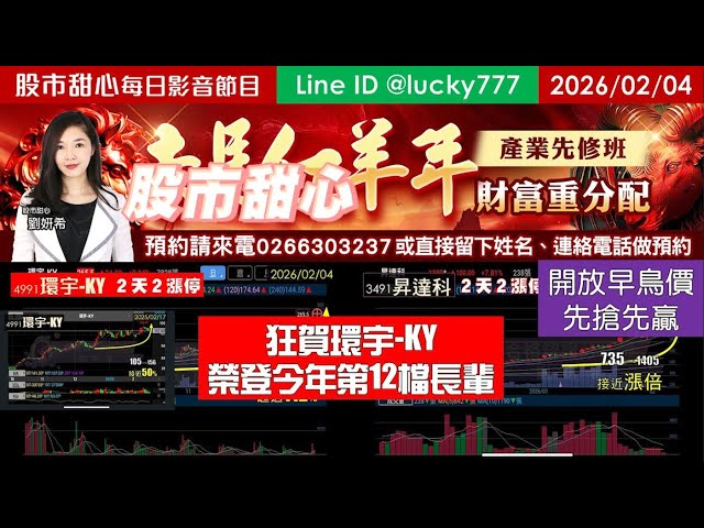 0204【甜心盤後節目】【赤馬紅羊年產業先修班開放早鳥價，深耕產業先搶先贏喔】狂賀！環宇榮登今年第12支長輩股