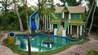 They’re Bushcraft In Wild Of Building Private House And Water Slide With Underground Swimming Pool