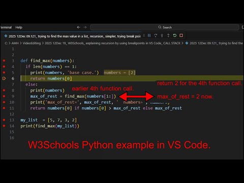 W3schools Python_ Explaining Recursion By Using Breakpoints In Vs Code_ Function Call Stack Return