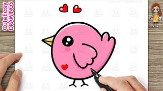 How to Draw a Cute Pink Bird, Easy Step-By-Step Drawing and Coloring for Kids and Toddlers