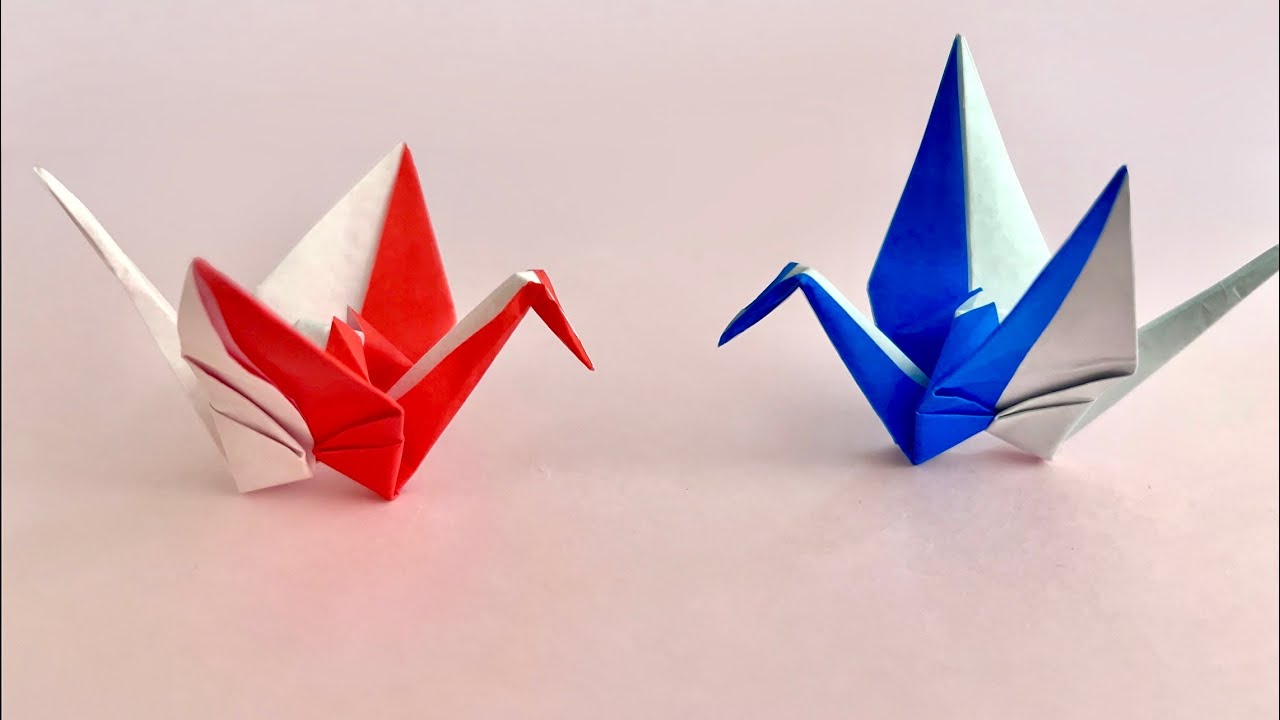 【折り紙】 1枚で作れる！紅白鶴 折り方 Origami How to make Crane Paper Craft DIY 簡単 可愛い 鶴