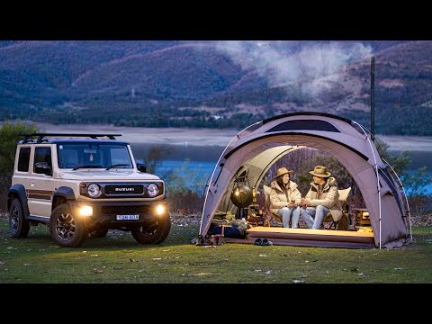 Lakeside Couple Jimny Camping in Australia, Big Tent Comfort, Wood Stove, Nature ASMR, BLUETTI AC50B