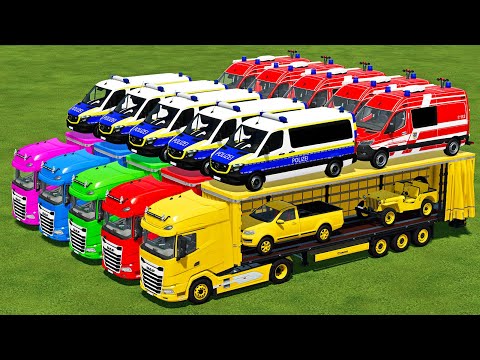 TRANSPORTING POLICE, FIRE RESCUE, DACIA & 4X4 JEEP WITH DAF TRUCKS - Farming Simulator 22