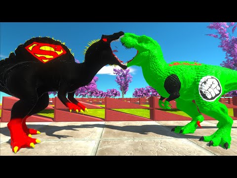 DARK SUPERMAN SPINOSAURUS vs BATMAN GORO vs HULK T-REX DEATH RUN - Animal Revolt Battle Simulator