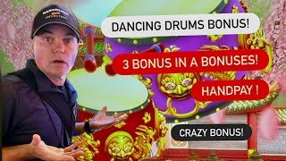 Watch this Incredible **3 bonus in a bonus** HANDPAY, DANCING DRUMS TOWER!
