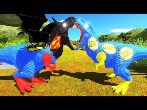 BATSUPERMAN T-REX vs BLUE FLASH T-REX DEATH RUN TROPICAL - Animal Revolt Battle Simulator