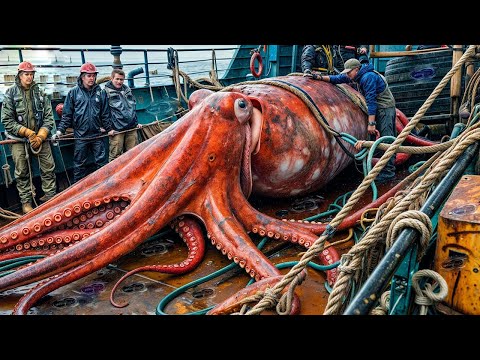 How Fishermen Catch Millions of Cod and Giant Squid Every Day - Long Line Squid Fishing at Sea