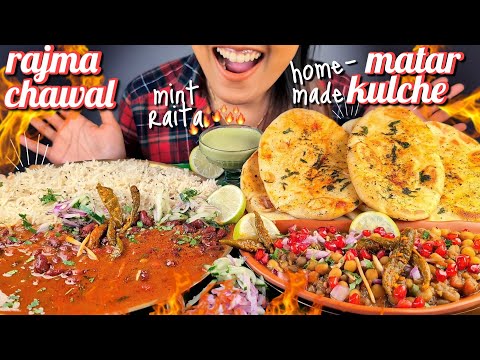 COOKING & EATING HOMEMADE SOFT FLUFFY KULCHE WITH CHATPATA MATAR & RAJMA CHAWAL WITH RAITA MUKBANG 