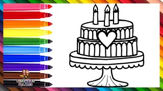 Desenhar e Colorir Um Bolo De Aniversário 🎂❤️🌈 Desenhos Para Crianças