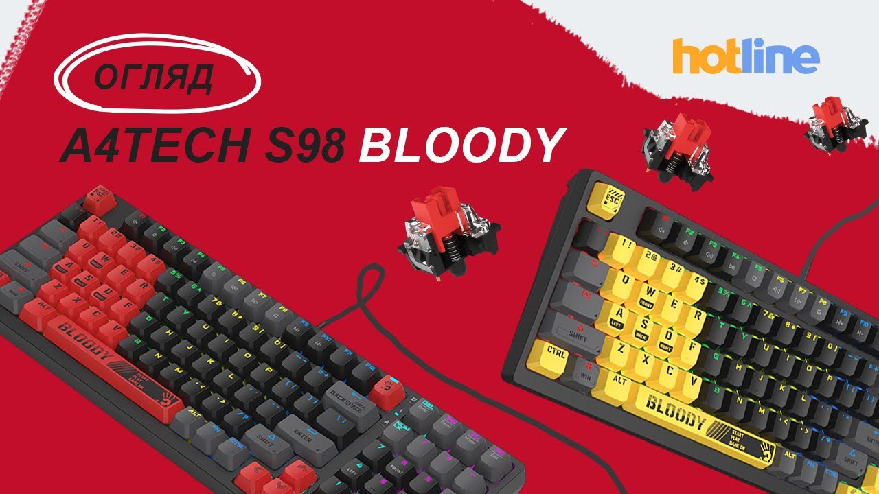 Механічна клавіатура A4Tech Bloody S98, червоні світчі, RGB підсвічування клавіш, USB, чорно-жовтий