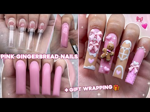 PINK GINGERBREAD POLYGEL NAILS🎀 CUTE CHRISTMAS NAIL ART + COZY GIFT WRAPPING ASMR🎁 | Nail Tutorial