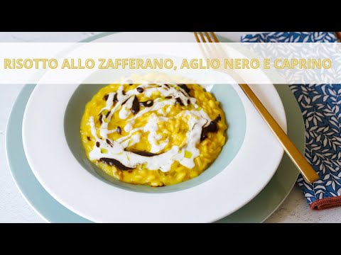 Risotto allo zafferano, caprino e aglio nero - Ricetta Gourmet -Chef Deg - Saporie & Livellara