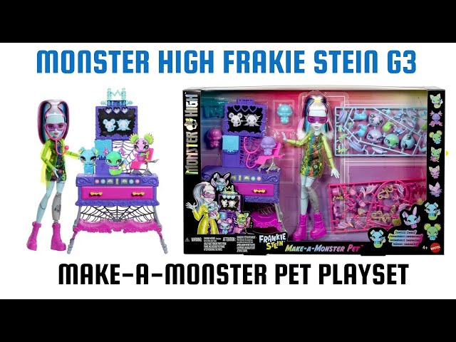 Vídeo relacionado con Monster High Frankie Stein Crea tu mascota monstruosa Conjunto de juego con muñeca y más de 30 accesorios para crear tantas mascotas como quieras, laboratorio científico disparatado, JBF18, Lila