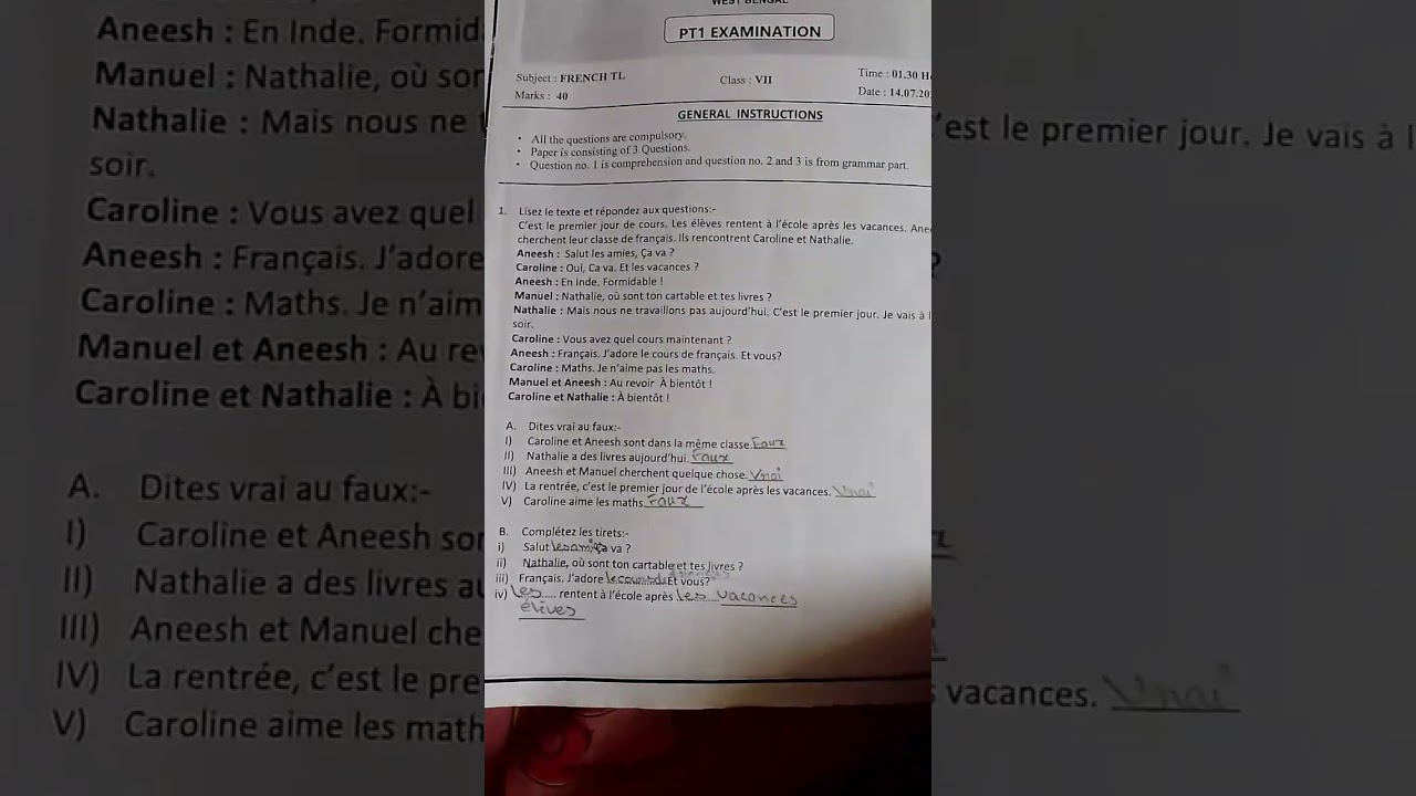 Class 7 pt 1 french paper cbse