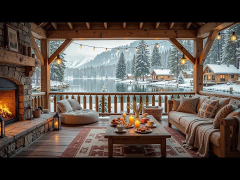 Peaceful Winter Moring by Cozy Lakeside Porch ❄ Soothing Jazz Music, Fireplace Sound for Relaxation