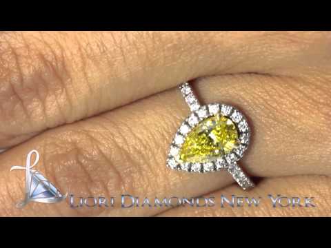 FD-041 - 1.68 Carat Fancy Yellow Pear Shape Diamond Engagement Ring 18k Gold Pave Halo