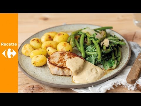 Mignonette de porc, sauce moutarde, grenailles, wok de haricots verts et paksoi