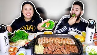 KOREAN BBQ AT HOME + PORK BELLY WRAPS MUKBANG 먹방 EATING SHOW!
