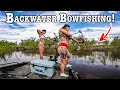 Bowfishing HIGH FLOODED BACKWATERS For BIG FEEDING FISH!!! (River Season Kickoff!!)