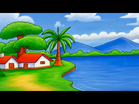 How to draw easy scenery drawing with oil pastel landscape village scenery drawing step by step