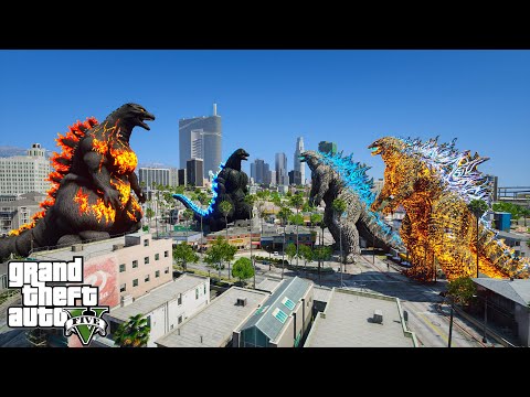 Team Godzilla 2021 vs Burning Godzilla, Heisei Godzilla - Epic Battle ( GTA V Mods )
