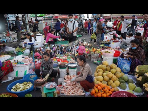 Cambodian Early Morning Vegetable Market - Daily Lifestyle of Vendor Selling Fruit, Vegetable & More