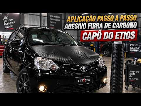 Envelopamento capô do Etios - Adesivo fibra de carbono #alltak #envelopamento  #sevengold #cacoal