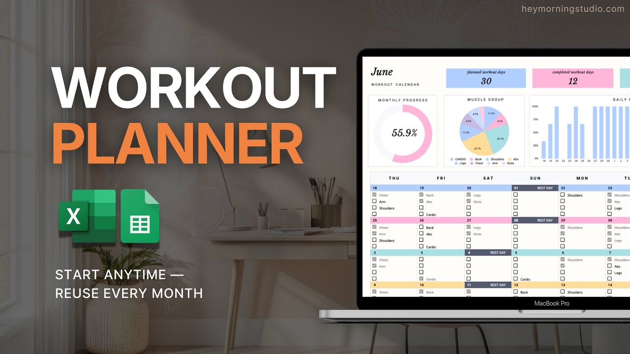 Workout Planner Spreadsheet - Gym Routine - Weightlifting Log - Fitness Tracker - Training Calendar