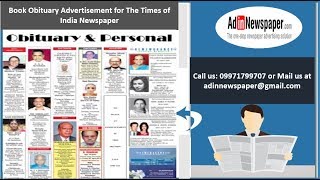 Times of India Obituary Ads, Death Announcement Advertisement | Call Now: 09971799707