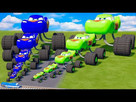 Big & Small Color Spider McQueen with Monster Wheels VS Trains Thomas | BeamNG.drive