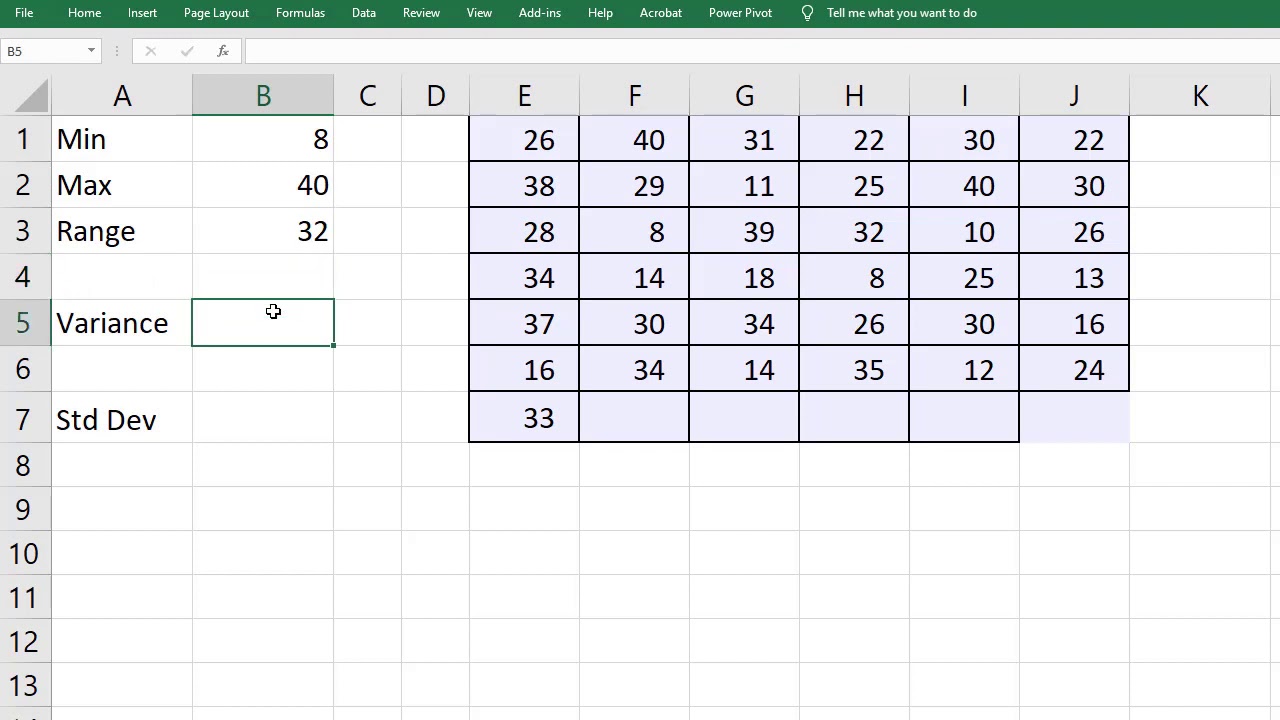 Range, Variance, Standard Deviation in Excel