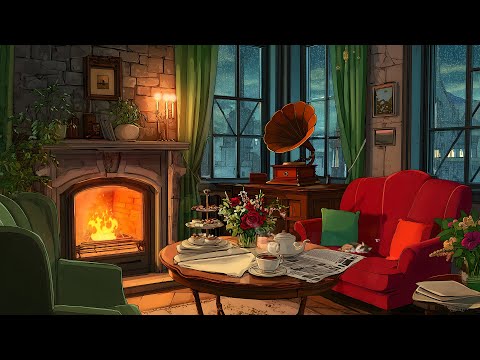 It's Rainy Night in 1930's With Soft Oldies Playing in Another Room | Fireplace & Rain Sounds