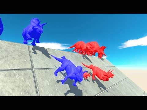 Different Size Blue Triceratops vs Red Triceratops Slide Run Race Animal Revolt Battle Simulator