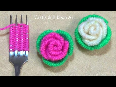 Amazing Trick with Fork - Easy Woolen Rose Making Ideas - Hand Embroidery Hack - DIY Woolen Flowers