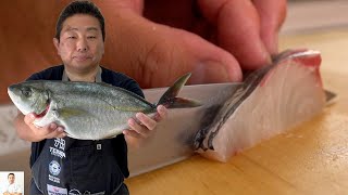 How To Fillet Whole Fish For A Simple Sashimi Plate (Shima Aji-Striped Jack Makeral) by Diaries of a Master Sushi Chef
