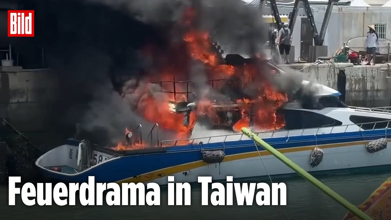 Taiwan: Mann rettet sich von brennender Jacht!