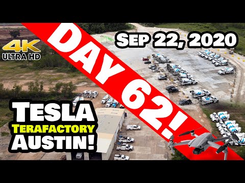 Tesla Gigafactory Austin 4K  Day 62 - 9/22/20 - Tesla Terafactory Austin Texas - 45 CONCRETE MIXERS!