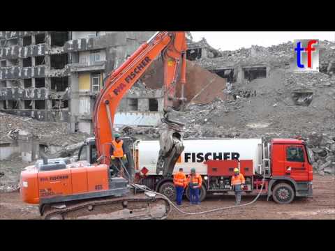 Excavator Fleet on Demolition Site / Abbruch Olgahospital Stuttgart,  Germany, 04.03.2016.