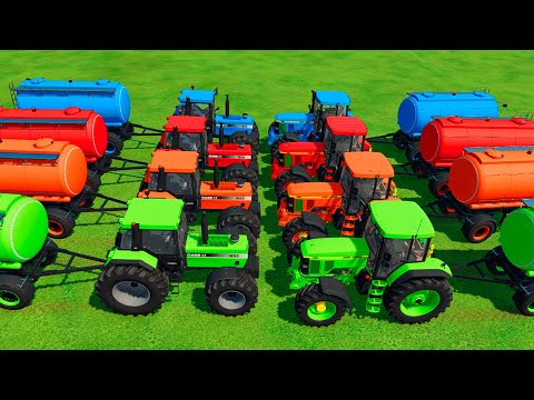 COLORED TRACTORS   CASE vs JOHN DEERE TRACTORS & FUEL TANKS PARKOUR   Farming Simulator 22