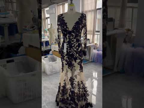 Black Lace Sheer Plunging Mermaid Bridal Dress...